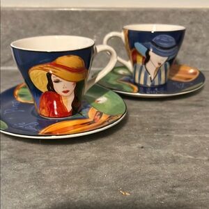 Sango Blue and Green Art Deco Teacup and Saucer set of 4 pieces